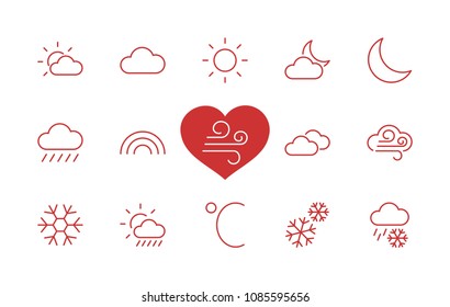 Set of weather vector line icons. Contains symbols of the sun, clouds, snowflakes, wind, rainbow, moon and much more. Editable move. 32x32 pixels.