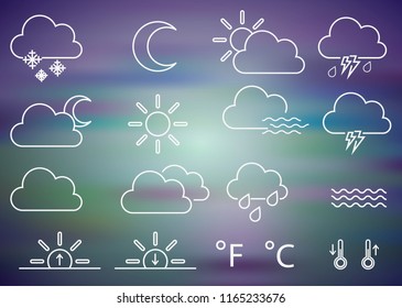 Set of weather vector line icons. Contains symbols of the sun, clouds, snowflakes, wind, rainbow, moon and much more. Editable move.