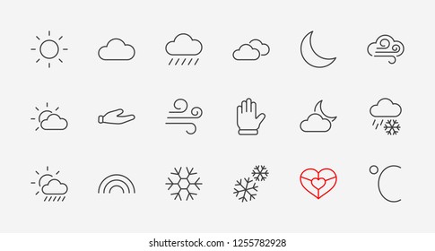Set of weather vector line icons. Contains symbols of the sun, clouds, snowflakes, wind, rainbow, moon and much more. Editable move. 32x32 pixels.