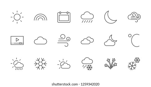 Set of weather vector line icons. Contains symbols of the sun, clouds, snowflakes, wind, rainbow, moon and much more. Editable move. 32x32 pixels.