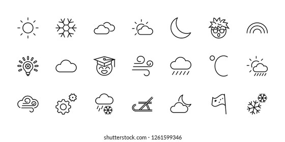 Set of weather vector line icons. Contains symbols of the sun, clouds, snowflakes, wind, rainbow, moon and much more. Editable move. 32x32 pixels.