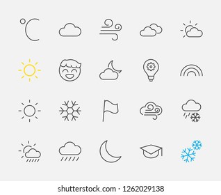 Set of weather vector line icons. Contains symbols of the sun, clouds, snowflakes, wind, rainbow, moon and much more. Editable move. 32x32 pixels.