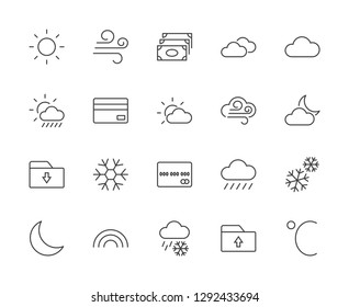 Set of weather vector line icons. Contains symbols of the sun, clouds, snowflakes, wind, rainbow, moon and much more. Editable move. 32x32 pixels.