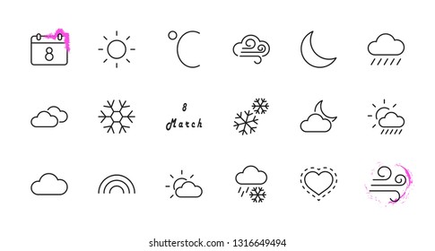 Set of Weather vector line icons. Contains symbols of the sun, clouds, snowflakes, wind, rainbow, moon and much more. Editable Stroke. 32x32 pixels.