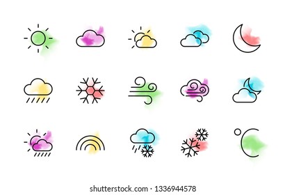 Set of Weather vector line icons. Contains symbols of the sun, clouds, snowflakes, wind, rainbow, moon and much more. Editable Stroke. 32x32 pixels.