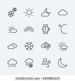 Set of Weather vector line icons. Contains symbols of the sun, clouds, snowflakes, wind, rainbow, moon and much more. Editable Stroke. 32x32 pixels.