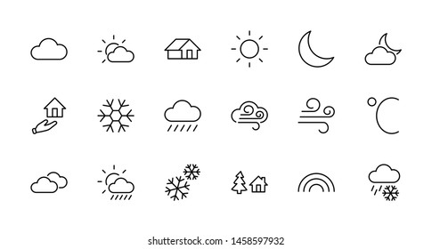 Set of Weather vector line icons. Contains symbols of the sun, clouds, snowflakes, wind, rainbow, moon and much more. Editable Stroke. 32x32 pixels.