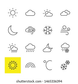 Set of Weather vector line icons. Contains symbols of the sun, clouds, snowflakes, wind, rainbow, moon and much more. Editable Stroke. 32x32 pixels.