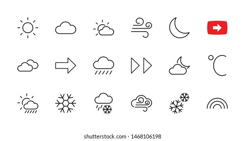 Set of Weather vector line icons. Contains symbols of the sun, clouds, snowflakes, wind, rainbow, moon and much more. Editable Stroke. 32x32 pixels.