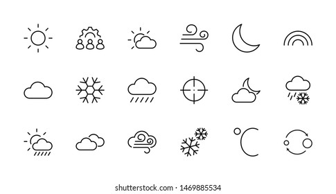 Set of Weather vector line icons. Contains symbols of the sun, clouds, snowflakes, wind, rainbow, moon and much more. Editable Stroke. 32x32 pixels.