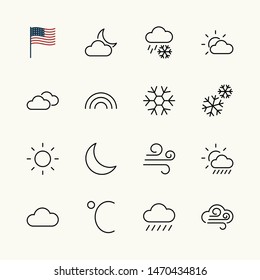 Set of Weather vector line icons. Contains symbols of the sun, clouds, snowflakes, wind, rainbow, moon and much more. Editable Stroke. 32x32 pixels.