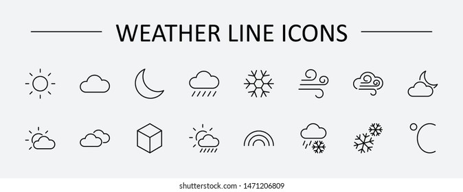 Set of Weather vector line icons. Contains symbols of the sun, clouds, snowflakes, wind, rainbow, moon and much more. Editable Stroke. 32x32 pixels.