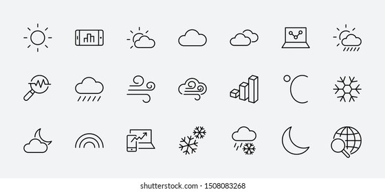 Set of Weather vector line icons. Contains symbols of the sun, clouds, snowflakes, wind, rainbow, moon and much more. Editable Stroke. 32x32 pixels.