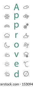 Set of Weather vector line icons. Contains symbols of the sun, clouds, snowflakes, wind, rainbow, moon and much more. Editable Stroke. 32x32 pixels.