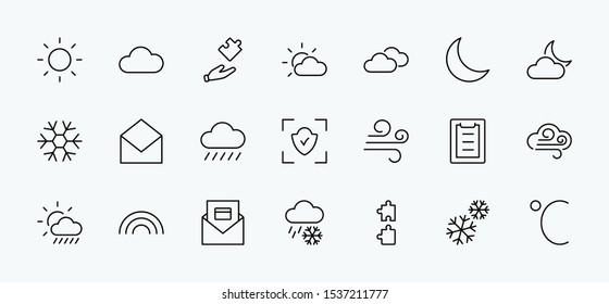 Set of Weather vector line icons. Contains symbols of the sun, clouds, snowflakes, wind, rainbow, moon and much more. Editable Stroke. 32x32 pixels.