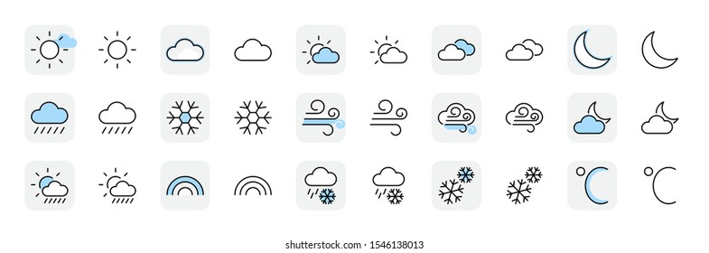 Set of Weather vector line icons. Contains symbols of the sun, clouds, snowflakes, wind, rainbow, moon and much more. Editable Stroke. 32x32 pixels.