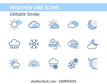 Set of Weather vector line icons. Contains symbols of the sun, clouds, snowflakes, wind, rainbow, moon and much more. Editable Stroke. 32x32 pixels.