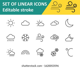 Set of Weather vector line icons. Contains symbols of the sun, clouds, snowflakes, wind, rainbow, moon and much more. Editable Stroke. 32x32 pixels.