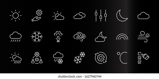 Set of Weather vector line icons. Contains symbols of the sun, clouds, snowflakes, wind, rainbow, moon and much more. Editable Stroke. 32x32 pixels.