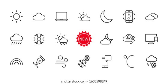 Set of Weather vector line icons. Contains symbols of the sun, clouds, snowflakes, wind, rainbow, moon and much more. Editable Stroke. 32x32 pixels.