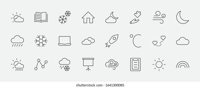 Set of Weather vector line icons. Contains symbols of the sun, clouds, snowflakes, wind, rainbow, moon and much more. Editable Stroke. 32x32 pixels.