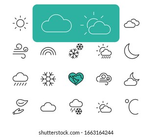 Set of Weather vector line icons. Contains symbols of the sun, clouds, snowflakes, wind, rainbow, moon and much more. Editable Stroke. 32x32 pixels.