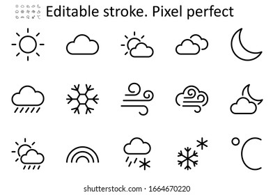 Set of Weather vector line icons. Contains symbols of the Sun, Clouds, Snowflakes, Wind, Rainbow, Moon and much more. Editable Stroke. 48x48 Pixel Perfect