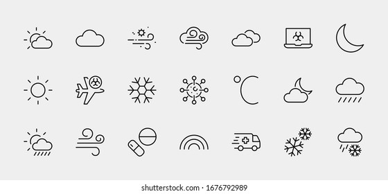 Set of Weather vector line icons. Contains symbols of the sun, clouds, snowflakes, wind, rainbow, moon and much more. Editable Stroke. 32x32 pixels.