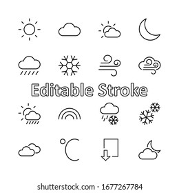 Set of Weather vector line icons. Contains symbols of the sun, clouds, snowflakes, wind, rainbow, moon and much more. Editable Stroke. 32x32 pixels.