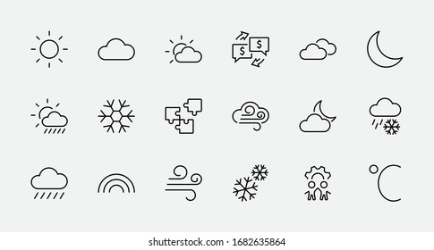 Set of Weather vector line icons. Contains symbols of the sun, clouds, snowflakes, wind, rainbow, moon and much more. Editable Stroke. 32x32 pixels.