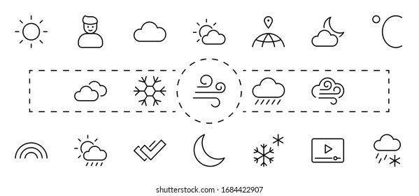 Set of Weather vector line icons. Contains symbols of the sun, clouds, snowflakes, wind, rainbow, moon and much more. Editable Stroke. 32x32 pixels.