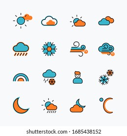 Set of Weather vector line icons. Contains symbols of the sun, clouds, snowflakes, wind, rainbow, moon and much more. Editable Stroke. 32x32 pixels.