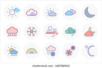 Set of Weather vector line icons. Contains symbols of the sun, clouds, snowflakes, wind, rainbow, moon and much more. Editable Stroke. 32x32 pixels.