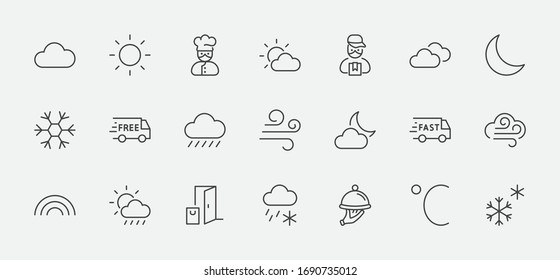 Set of Weather vector line icons. Contains symbols of the sun, clouds, snowflakes, wind, rainbow, moon and much more. Editable Stroke. 32x32 pixels.