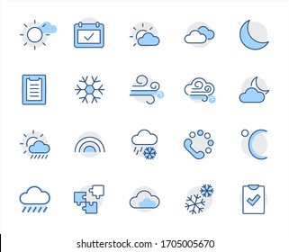 Set of Weather vector line icons. Contains symbols of the sun, clouds, snowflakes, wind, rainbow, moon and much more. Editable Stroke. 32x32 pixels.