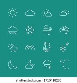 Set of Weather vector line icons. Contains symbols of the sun, clouds, snowflakes, wind, rainbow, moon and much more. Editable Stroke. 32x32 pixels.