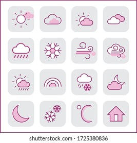 Set of Weather vector line icons. Contains symbols of the sun, clouds, snowflakes, wind, rainbow, moon and much more. Editable Stroke. 32x32 pixels.