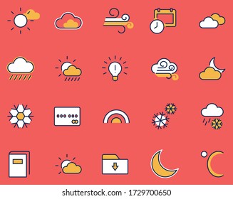 Set of Weather vector line icons. Contains symbols of the sun, clouds, snowflakes, wind, rainbow, moon and much more. Editable Stroke. 32x32 pixels.