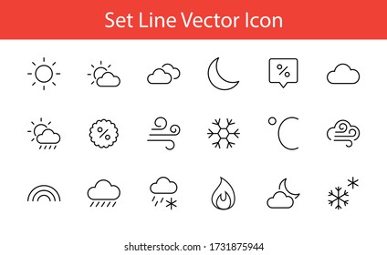 Set of Weather vector line icons. Contains symbols of the sun, clouds, snowflakes, wind, rainbow, moon and much more. Editable Stroke. 32x32 pixels.