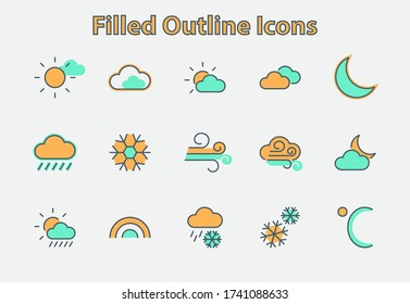 Set of Weather vector line icons. Contains symbols of the sun, clouds, snowflakes, wind, rainbow, moon and much more. Editable Stroke. 32x32 pixels.