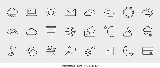 Set of Weather vector line icons. Contains symbols of the sun, clouds, snowflakes, wind, rainbow, moon and much more. Editable Stroke. 32x32 pixels.