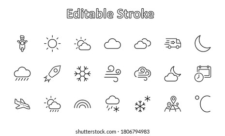 Set of Weather vector line icons. Contains symbols of the sun, clouds, snowflakes, wind, rainbow, moon and much more. Editable Stroke. 32x32 pixels.
