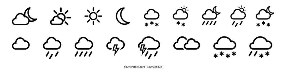 Set of weather vector line icons, contains symbols of the sun, clouds, snowflakes