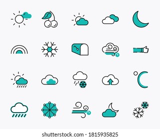 Set of Weather vector line icons. Contains symbols of the sun, clouds, snowflakes, wind, rainbow, moon and much more. Editable Stroke. 32x32 pixels.