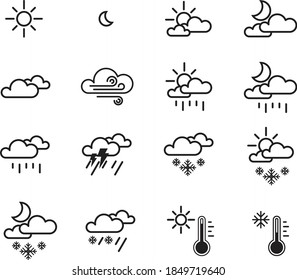 Conjunto de iconos de la línea vectorial del tiempo. símbolos del sol, nubes, copos de nieve, viento, arcoiris, luna