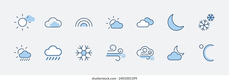 Set of Weather vector line icons. Contains symbols of the sun, clouds, snowflakes, wind, rainbow, moon and much more. Editable Stroke. 32x32 pixels.