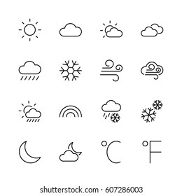 気象ベクター線のアイコンのセット 太陽 雲 雪片 風 虹 月 などの記号が含まれます 編集可能な移動 32x32ピクセル のベクター画像素材 ロイヤリティフリー Shutterstock