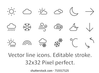 Set of weather vector line icons. Contains symbols of the sun, clouds, snowflakes, wind, rainbow, moon and much more. Editable move. 32x32 pixels.