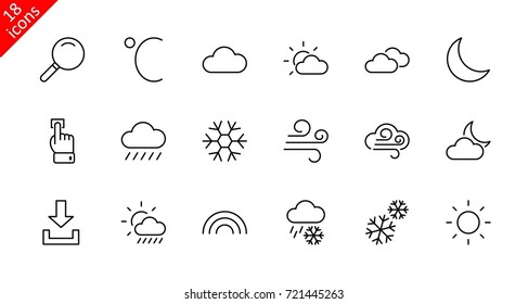 Set of weather vector line icons. Contains symbols of the sun, clouds, snowflakes, wind, rainbow, moon and much more. Editable move. 32x32 pixels.