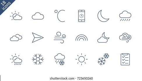 Set of weather vector line icons. Contains symbols of the sun, clouds, snowflakes, wind, rainbow, moon and much more. Editable move. 32x32 pixels.